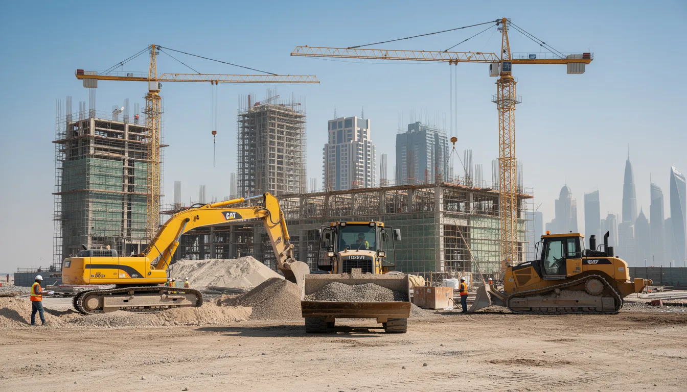 Construction site in Dubai with various heavy equipment
