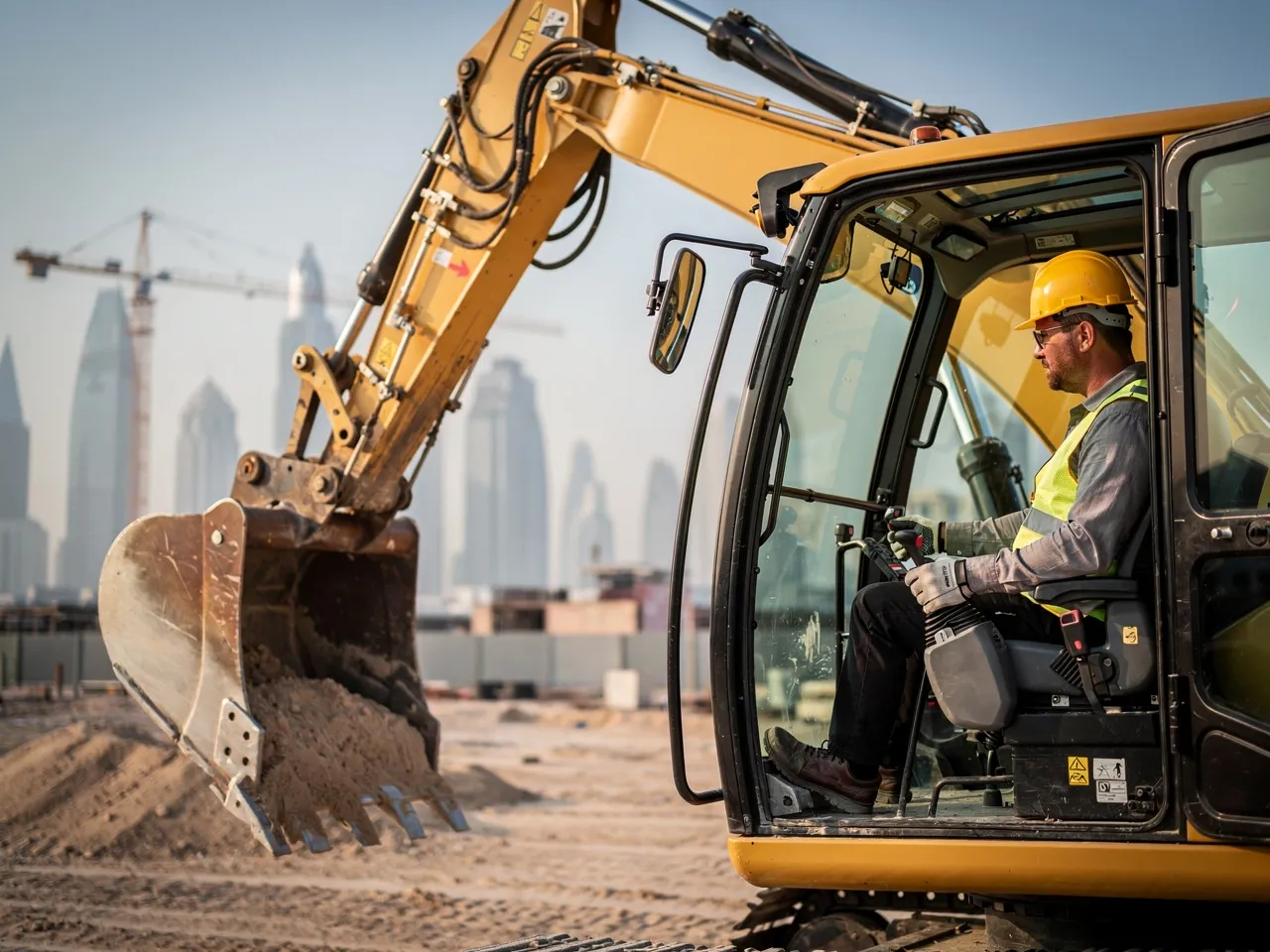 Operator using an excavator on a Dubai construction site