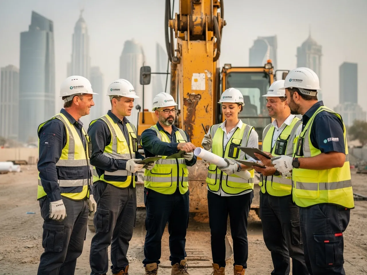 Construction team in Dubai discussing equipment