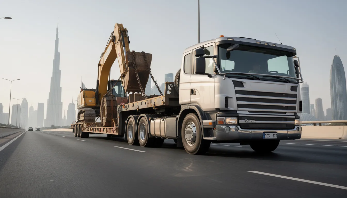 Heavy transport truck carrying oversized equipment in Dubai