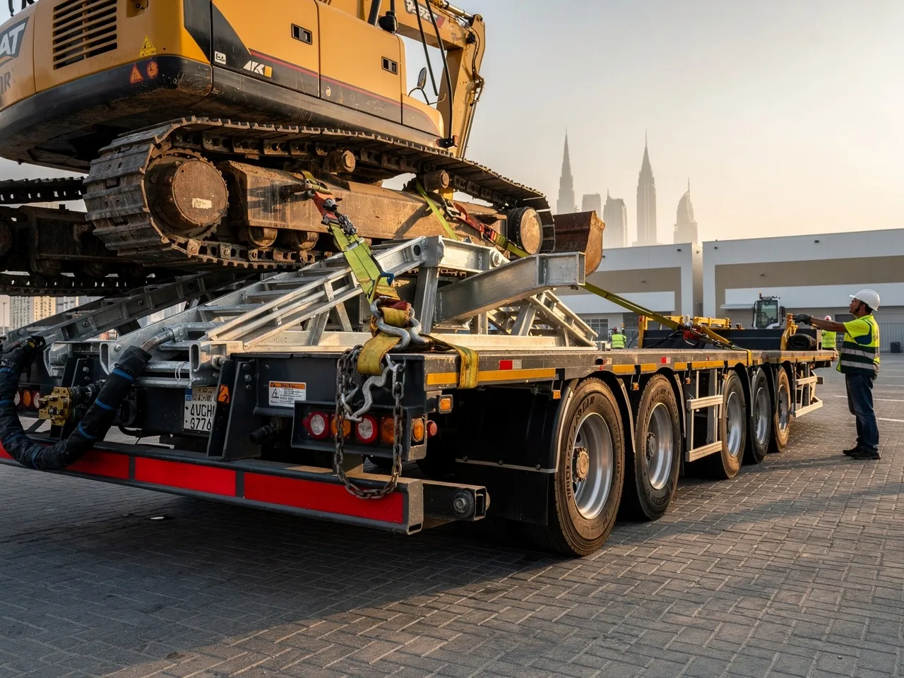 Loading heavy machinery onto a low-bed trailer in Dubai