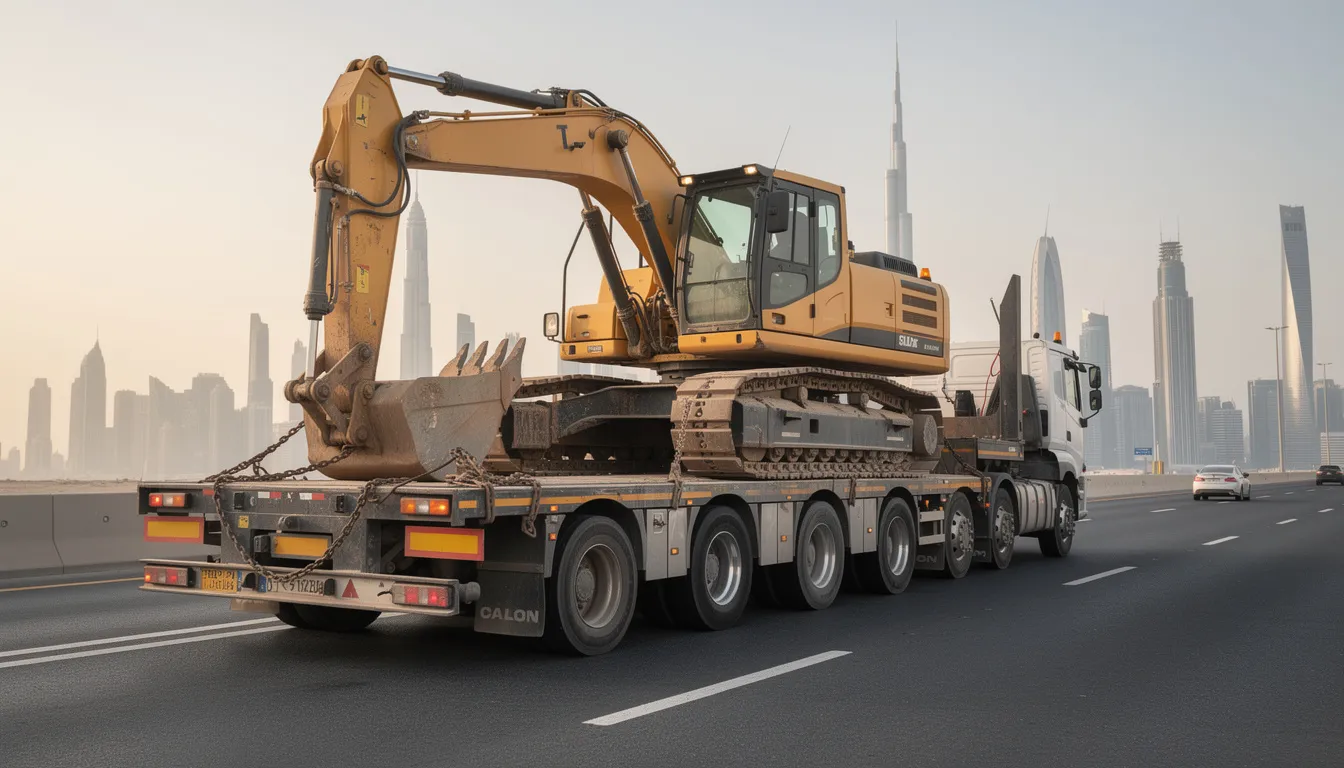 Heavy machinery transportation on a low-bed trailer in the UAE