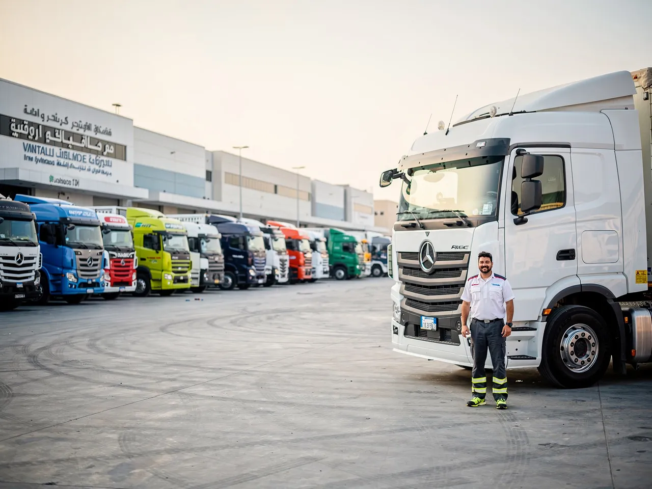 Fleet of heavy transport trucks in a UAE depot