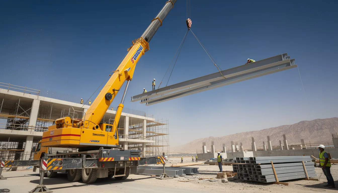 Mobile crane lifting steel beams at a construction site in Ras Al Khaimah