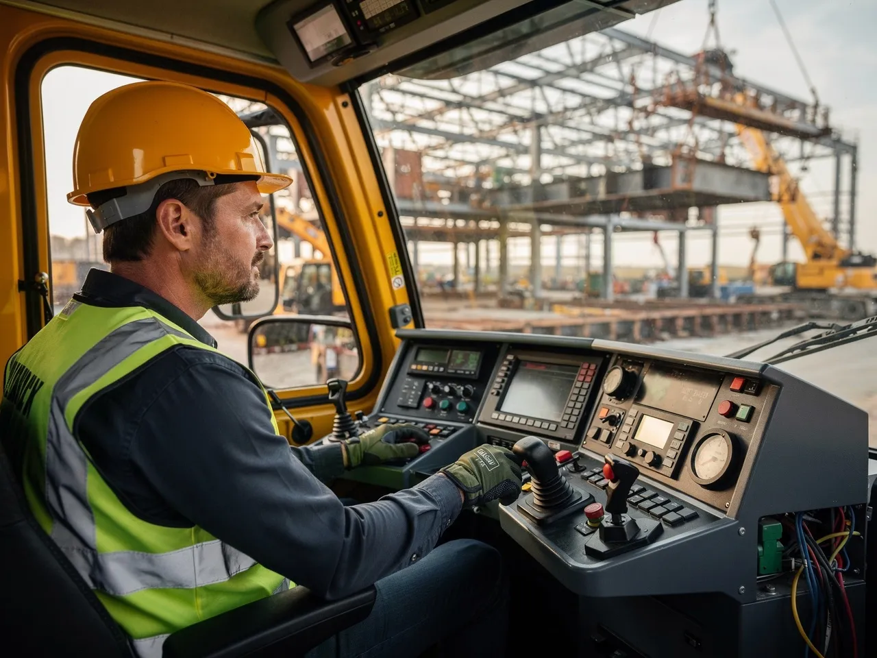 Crane operator in the cabin of a mobile crane