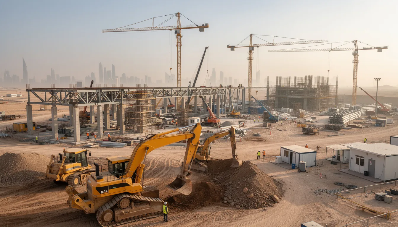 Diverse heavy equipment operating on a large UAE project